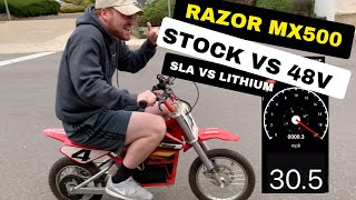 30+ MPH Razor MX500 Electric Dirtbike | Stock \u0026 SLA 48V \u0026 Lithium 48 Volt + 1800 Watt Vevor Motor