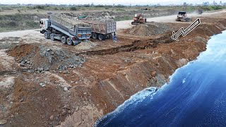 Amazing Project !! Dump Truck 25.5-Ton Transport And Bulldozer KOMATSU Cutting Land Into Deep Water