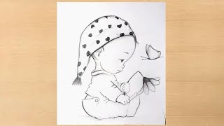 cute pencildrawing of Baby with flower and Butterfly/baby drawing