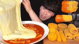 SUB)Korean sinjeon tteokbokki \u0026 bburinkle side menu[cheese ball, cheese stick, corn dog] eating show