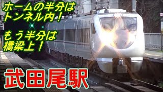 [ホームの半分はトンネル内！] JR武田尾駅 発着通過シーン