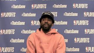 Hear Nets Kyrie Irving talk post game about their playoff win over the Bucks