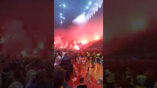 Olympiacos fans celebrate the Game 5 win over Monaco