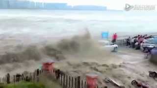 Silver Dragon tidal bore inundates spectators, cars in eastern China