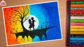How to draw scenery of moonlit night with romantic love step by step |oilpastel drawing for beginner