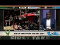 perk u0026 shannon sharpe disagree on nba cup final prediction 👀 bucks getting smoked first take