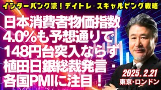 【為替】2/21 注目された日本CPIは高い数値を示すもののほぼ予想通りで149円割れとならず。植田日銀総裁発言、各国PMI速報値に注目。ドル円は150.10-20円で売り方針