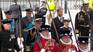 King Charles, Princes William, Harry, and Andrew in procession behind the Queen's coffin