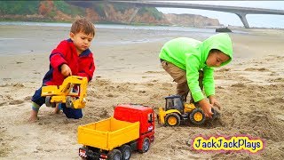 Construction Toy Trucks at the Beach! Excavators, Backhoe Toys in the Sand & More! | JackJackPlays