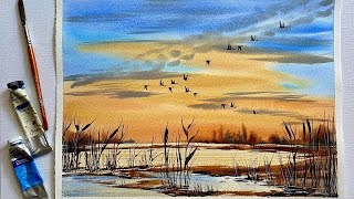 Paint Morgaine's Watercolor Sunset Wetlands Estuary, Simple Watercolour Landscape Painting Tutorial