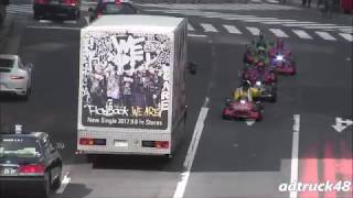 スクランブル交差点を走行する、FlowBack (フロウバック) の宣伝トラック＆マリオカート軍団