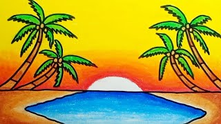 How To Draw Beach Scenery Beautiful And Easy Step By Step |Drawing Sunset Scenery Beautiful And Easy