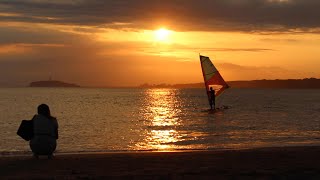 Golden sunset beach and sound of waves. 葉山森戸海岸の夕陽と波音