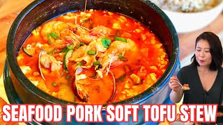 Make RESTAURANT-STYLE Soft Tofu Stew Recipe At HOME! With Seafood & Pork (soondubu-jjigae) 순두부찌개