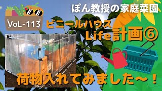 【ぽん教授の家庭菜園】 VoL-113（新企画！ぽん教授ビニールハウスLife1⑥）ミニハウス　育苗ハウス　荷物を入れました　菜園小型ハウス ミニハウスドア付き  DIY