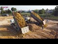 Great Work! Powerful New Bulldozer SHANTUi DH17c3 pushing soil into water, dump truck unloading soil