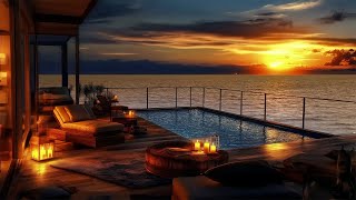 Seaside Jazz Serenity 🌊 Night Ambience with Fireplace, Soothing Instrumental Piano and Ocean Waves