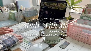 4-HR STUDY WITH ME [pomodoro 50/10] fireplace crackling & calm piano break / cou