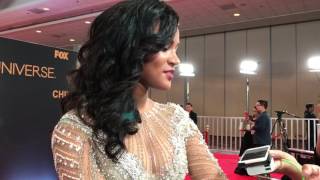 Miss Universe 2011 Leila Lopes answers questions at the 65th Miss Universe