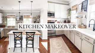 Complete Kitchen Makeover - Painted Cabinets, DIY Kitchen Island, Floor Inlay, Floating Shelves