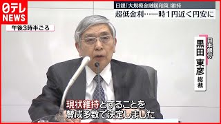 【日銀】「大規模緩和策」を維持  為替相場は一時1円近く円安に