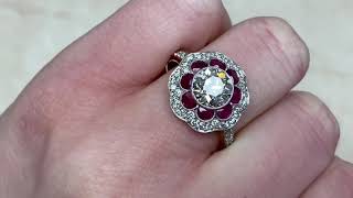 1.55ct Center Old European Cut Diamond and Ruby Floral 18k Yellow Gold Engagement Ring - Hand Video