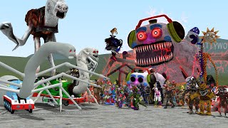 CURSED THOMAS AND FRIENDS VS ALL FNAFs 1-9 SECURITY BREACH ANIMATRONICS In Garry's Mod!