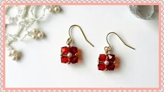 【スワロフスキーのピアス（スクエアフラワー）】DIY/Swarovski/Beaded earrings