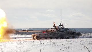 Russian main battle tanks T-72B3 on exercises in Siberia