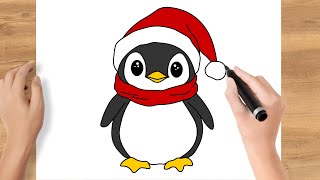 How to draw christmas penguin kawaii Easy