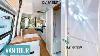 VAN TOUR: van converted into off grid tiny home with bathroom, kitchen, pantry & 12 volt ac unit