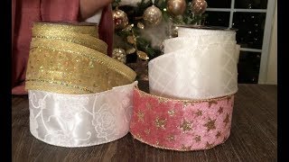 Set of 6 Gold and Pink Wired Christmas Ribbon