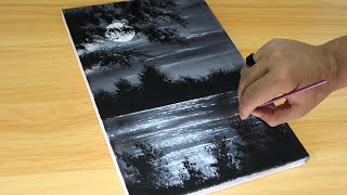Black & White / Easy Landscape Painting for beginners / Acrylic Painting Technique #drawing
