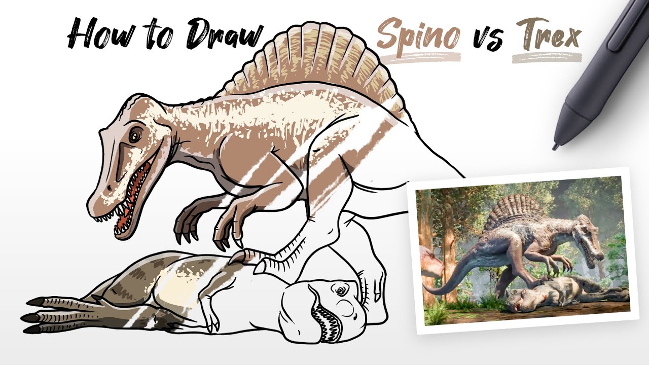 How To Draw Tyrannosaurus Trex Vs Spinosaurus Fighting Dinosaurs From ...