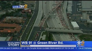 Big Rig Fire Spills Hazardous Materials On WB 91 Freeway In Corona