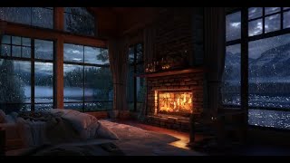 Rain in Cozy Cabin with Warm Fireplace and Gentle Rain on Lakeside to Relaxation, Study and Sleeping