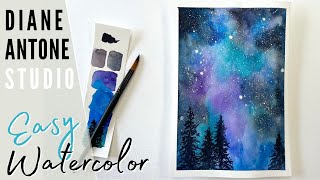 How to Paint a Starry Galaxy Aurora Borealis Northern Lights Sky with Pine Trees Tutorial Watercolor