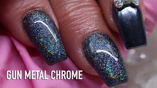 Black Holographic & Gun Metal Chrome Nails | Short Coffin Nail Design | Nail Mate Gel polish
