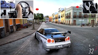 Forza Horizon 5 - Drifting Skyline R34 in City (w/900° Steering Wheel Setup)