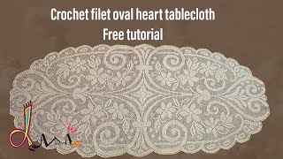 How to Crochet oval heart tablecloth free tutorial details  مفرش كروشيه القلب البيضاي قطعة واحدة