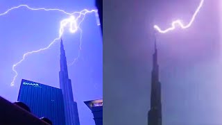 عاصفة مهيبة فى دبى ⚠️ يضرب البرق برج خليفة بقوة في دبى اثناء عاصفة الإمارات