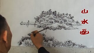 山水画：吴作成画小桥和岸边的杂树，简单的皴擦却表现出复杂的环境！