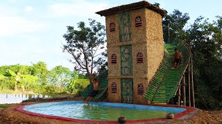 Build Three Story Mud House With Bamboo Water Slide Around House And Build Big Swimming Pool (full)