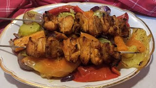 Chicken skewers, chicken kebabs from the oven with various vegetables.Better than in the restaurant.