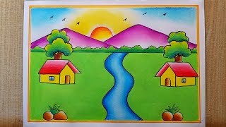 Very easy Scenery drawing| Village Scenery drawing| Beautiful Landscapes Scenery drawing