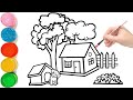 Drawing House form Shapes | Easy Landscape with House Drawing | Rainbow House Drawing