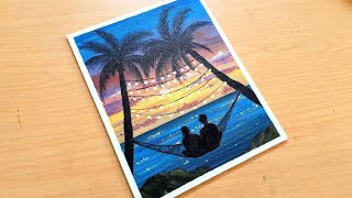 String Lights Sunset Scenery Painting | Acrylic Painting Tutorial for Beginners | Sunset Seascape