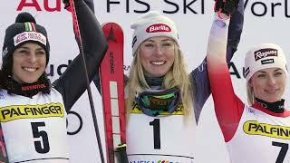 Mikaela Shiffrin equals Vonn's record of 82 World Cup wins.
