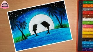 How to Draw Scenery of Moonlight With Oil Pastel Step by Step | Dolphin