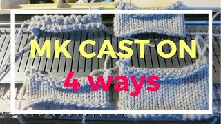 machine knitting cast on 4 ways - every other needle, e wrap, crochet/ latch tool, weaving